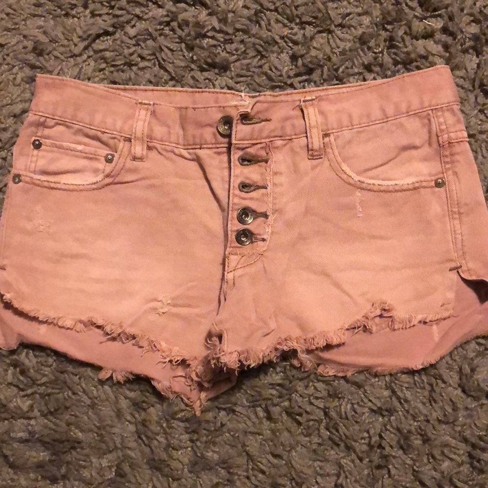 Free People Pink Distressed Jean Shorts with buttons